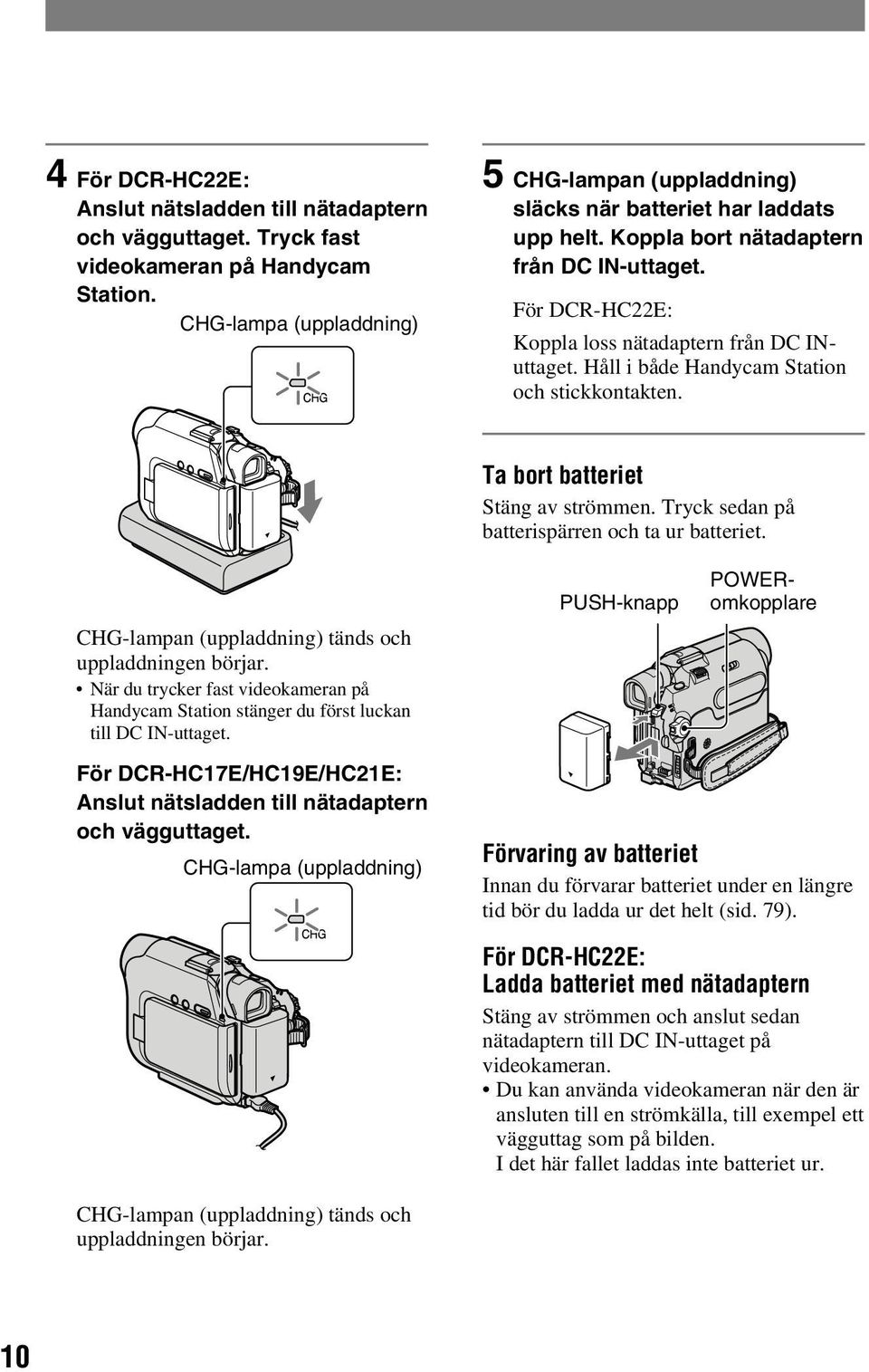 Håll i både Handycam Station och stickkontakten. Ta bort batteriet Stäng av strömmen. Tryck sedan på batterispärren och ta ur batteriet. CHG-lampan (uppladdning) tänds och uppladdningen börjar.