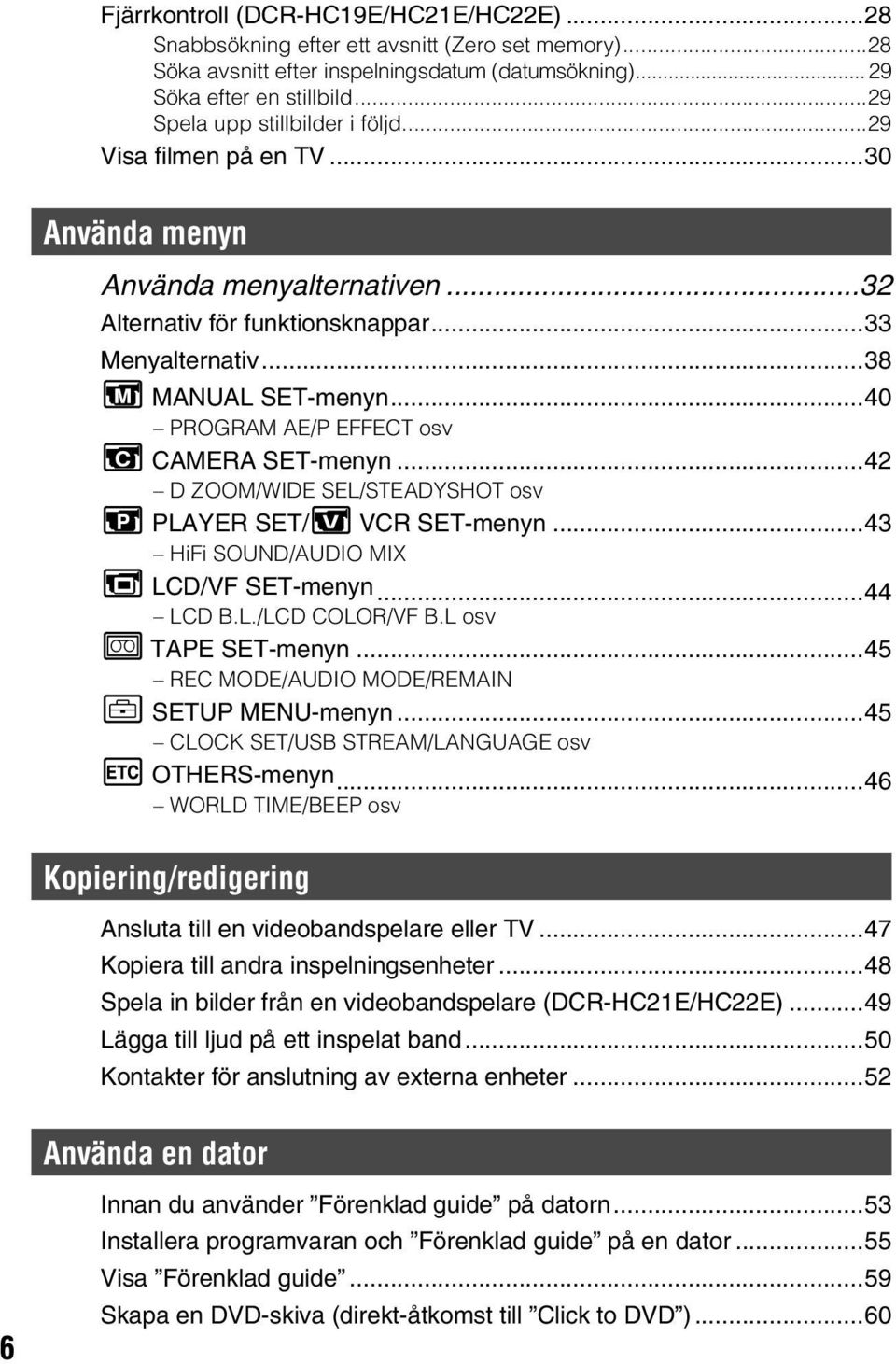 ..40 PROGRAM AE/P EFFECT osv CAMERA SET-menyn...42 D ZOOM/WIDE SEL/STEADYSHOT osv PLAYER SET/ VCR SET-menyn...43 HiFi SOUND/AUDIO MIX LCD/VF SET-menyn...44 LCD B.L./LCD COLOR/VF B.