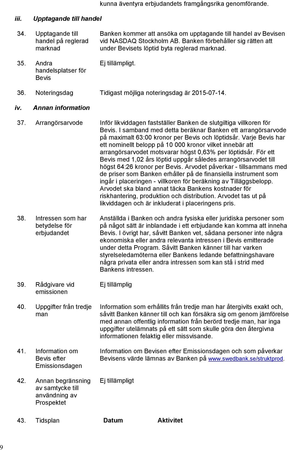 Ej tillämpligt. 36. Noteringsdag Tidigast möjliga noteringsdag är 2015-07-14. iv. Annan information 37. Arrangörsarvode Inför likviddagen fastställer Banken de slutgiltiga villkoren för Bevis.