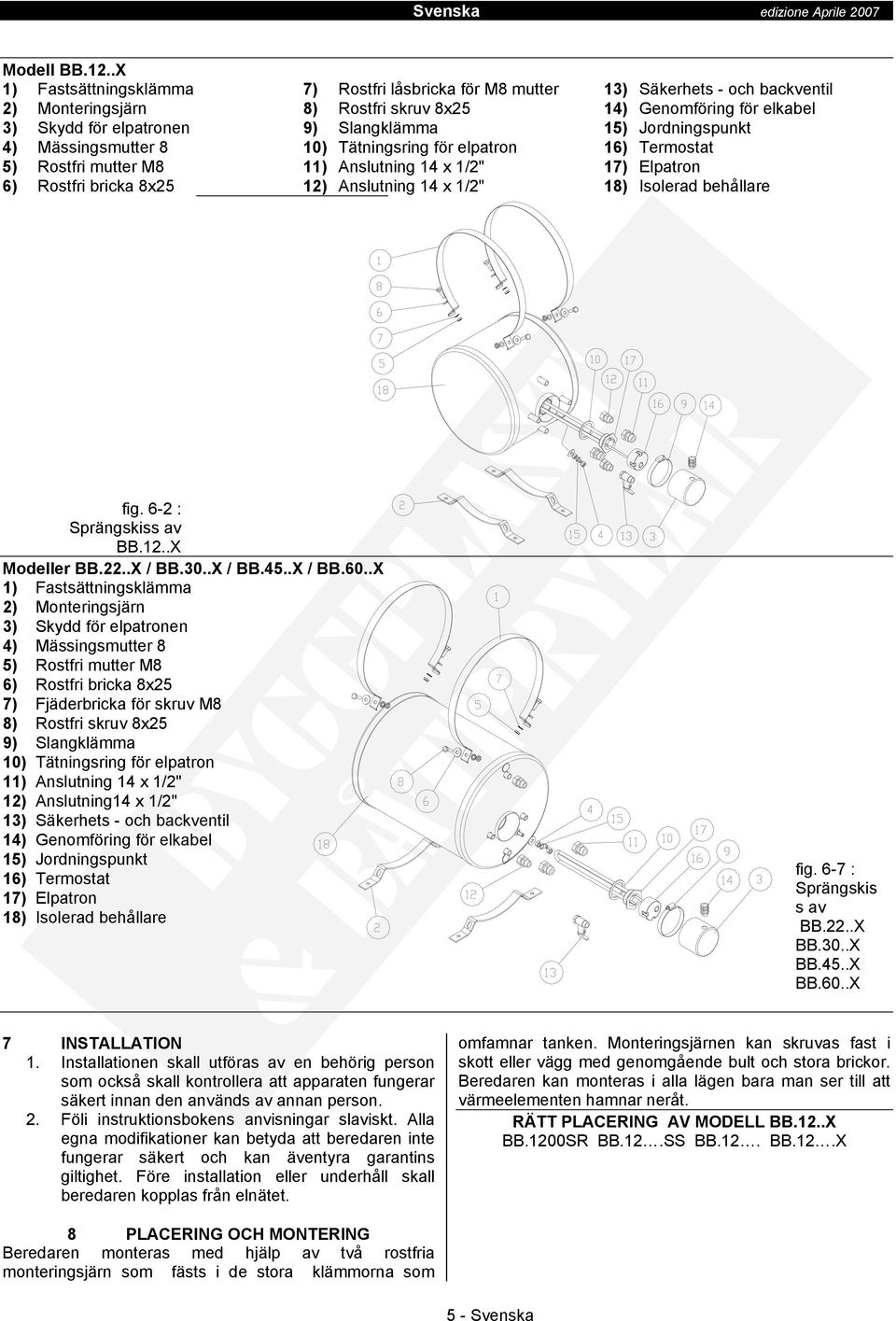 Slangklämma 10) Tätningsring för elpatron 11) Anslutning 14 x 1/2" 12) Anslutning 14 x 1/2" 13) Säkerhets - och backventil 14) Genomföring för elkabel 15) Jordningspunkt 16) Termostat 17) Elpatron