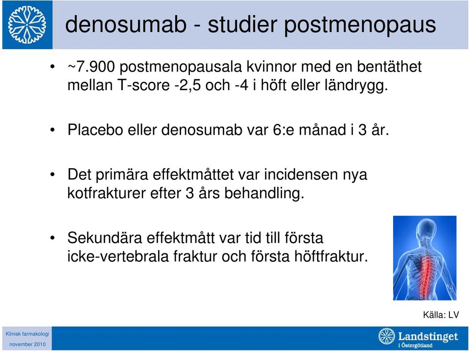 ländrygg. Placebo eller denosumab var 6:e månad i 3 år.