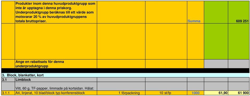 Summa 609 251 Ange en rabattsats för denna underproduktgrupp 3. Block, blanketter, kort 3.