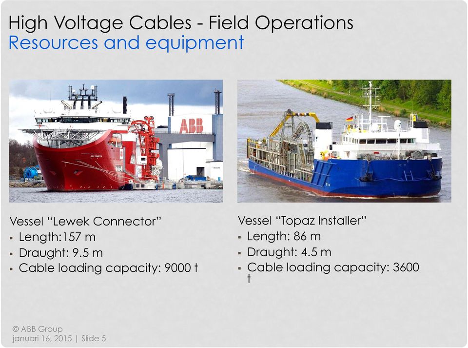 5 m Cable loading capacity: 9000 t Vessel Topaz Installer Length: