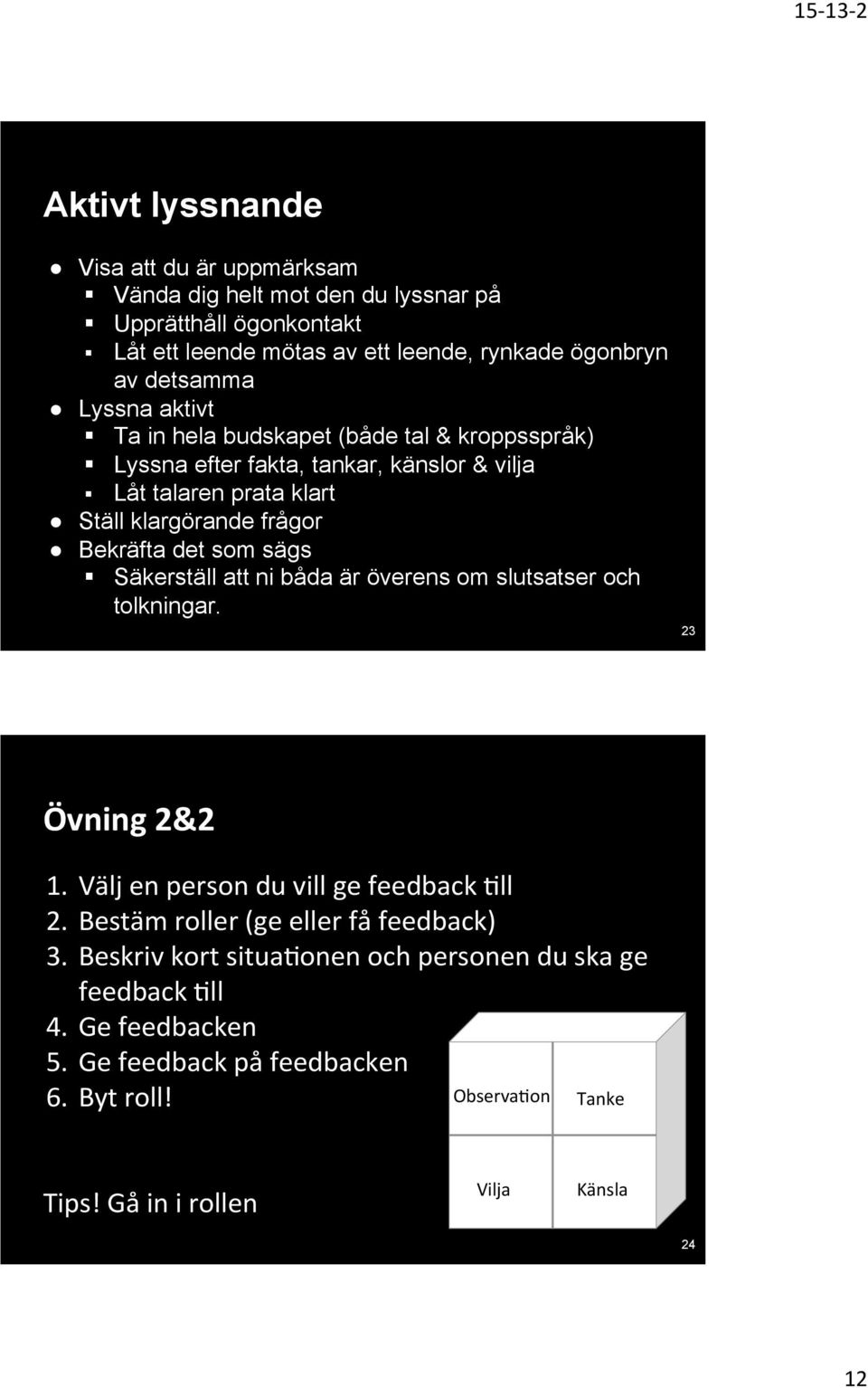 sägs Säkerställ att ni båda är överens om slutsatser och tolkningar. 23 Övning 2&2 1. Välj en person du vill ge feedback *ll 2. Bestäm roller (ge eller få feedback) 3.