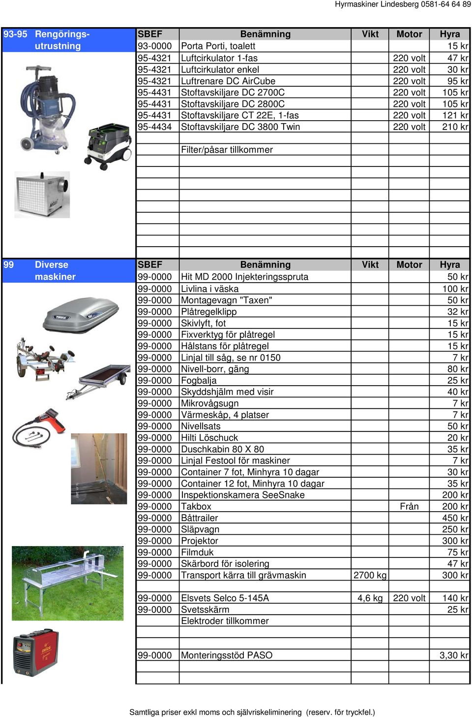 Stoftavskiljare DC 3800 Twin 220 volt 210 kr Filter/påsar tillkommer 99 Diverse SBEF Benämning Vikt Motor Hyra maskiner 99-0000 Hit MD 2000 Injekteringsspruta 50 kr 99-0000 Livlina i väska 100 kr