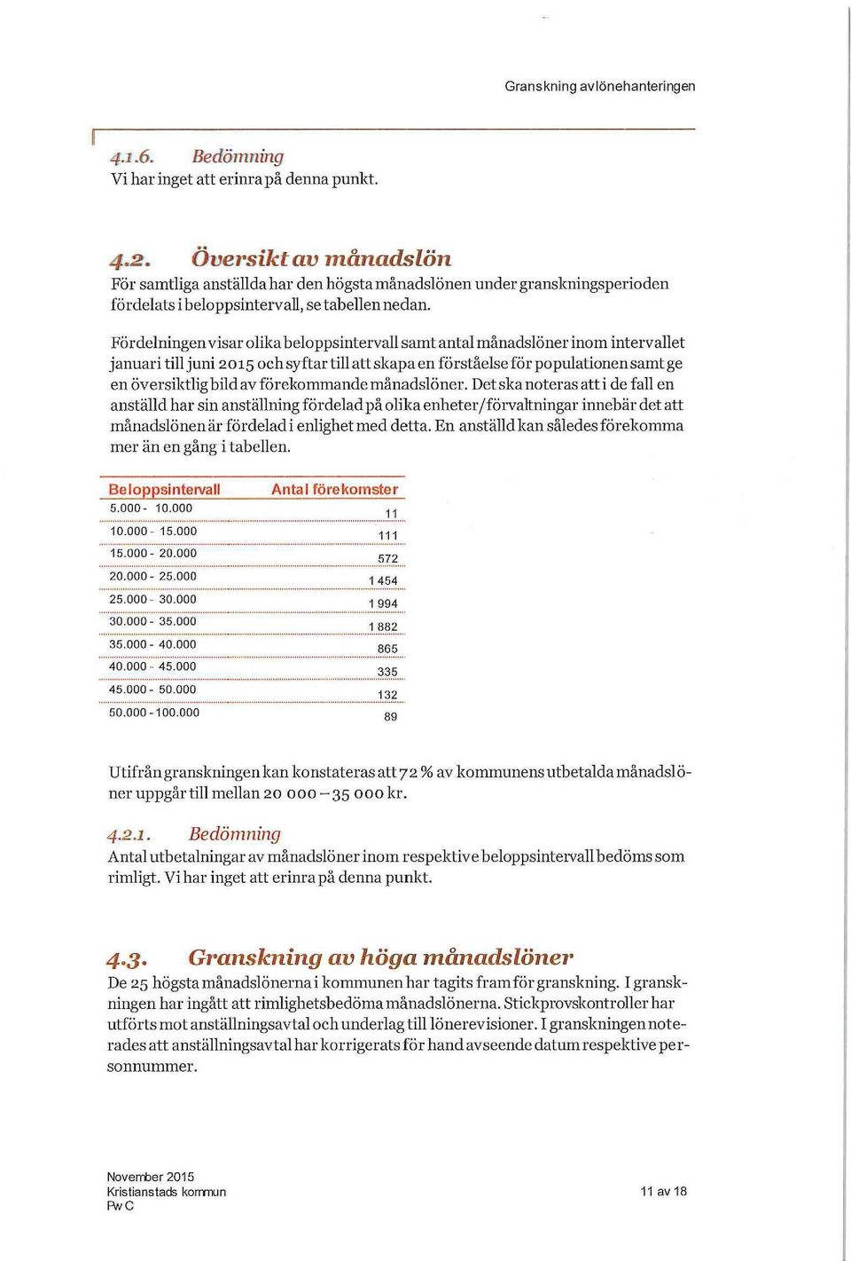 Fördelningen visar olika beloppsintervall samt antal månadslöner inom intervallet januari till juni 2015 och syftar till att skapa en förståelse för populationen samt ge en översiktlig bild av
