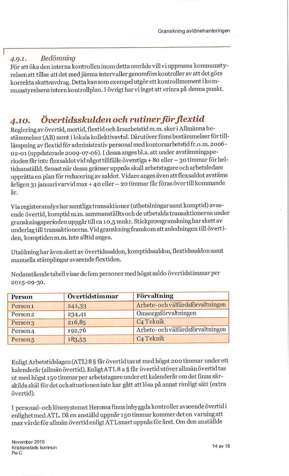 Detta kan som exempel utgör ett kontrollmoment i kommunstyrelsens intern kontrollplan. I övrigt har vi inget att erinra på denna punkt. 4.10.