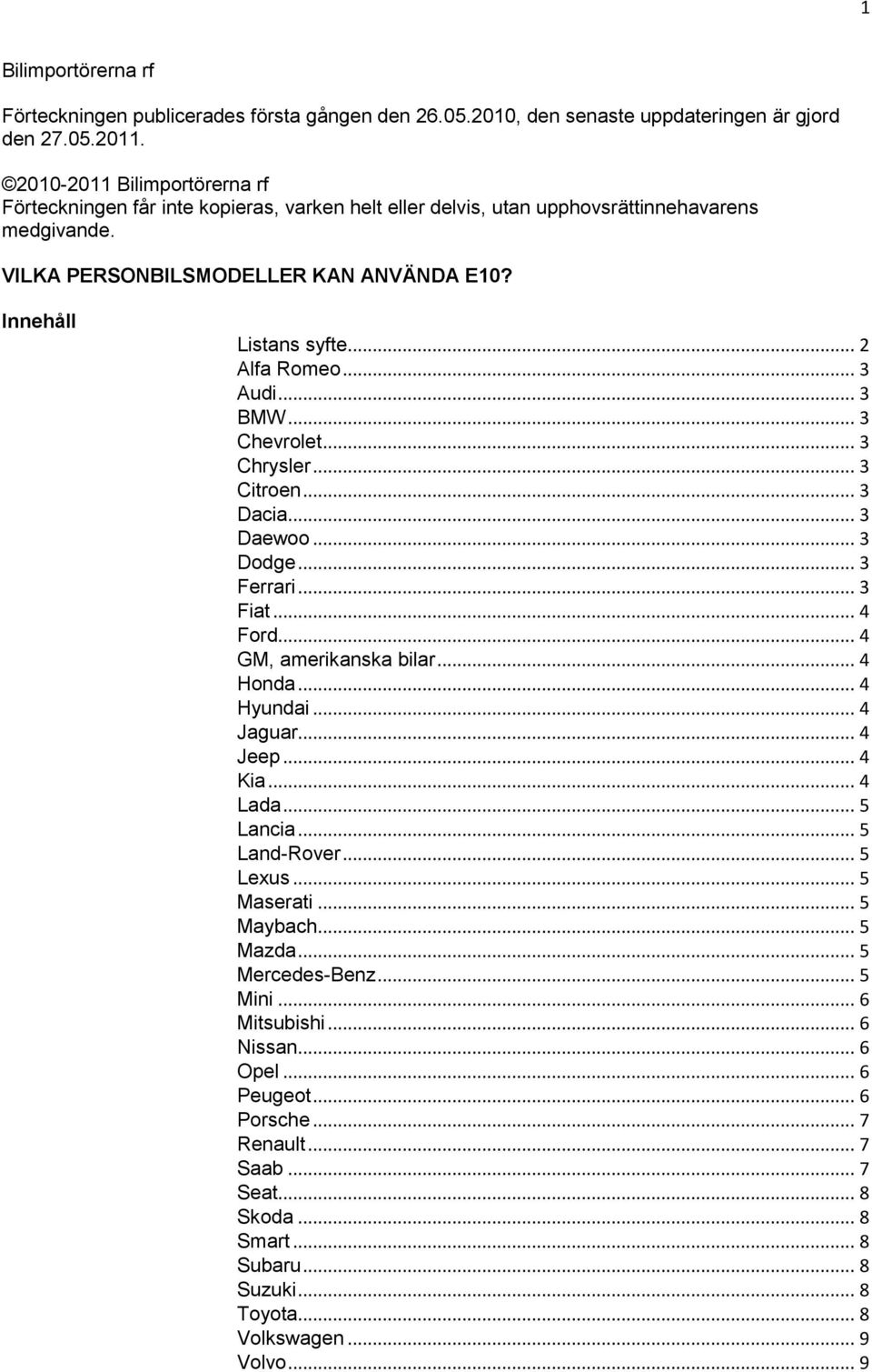 .. 2 Alfa Romeo... 3 Audi... 3 BMW... 3 Chevrolet... 3 Chrysler... 3 Citroen... 3 Dacia... 3 Daewoo... 3 Dodge... 3 Ferrari... 3 Fiat... 4 Ford... 4 GM, amerikanska bilar... 4 Honda... 4 Hyundai.