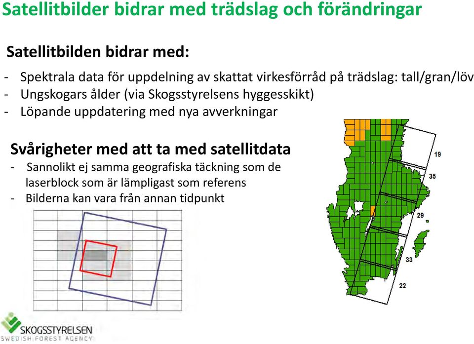 hyggesskikt) - Löpande uppdatering med nya avverkningar Svårigheter med att ta med satellitdata -