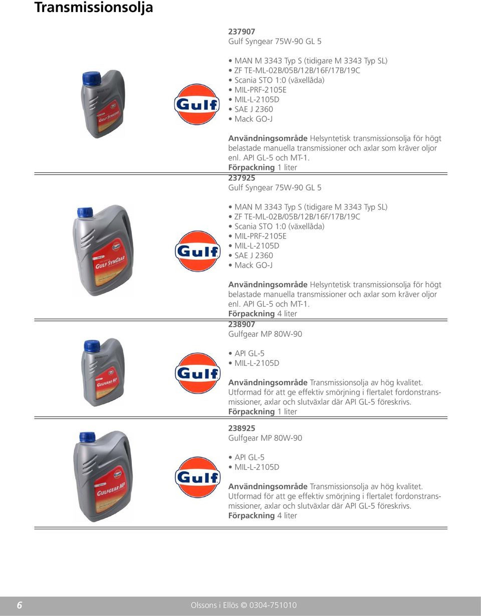 237925 Gulf Syngear 75W-90 GL 5 MAN M 3343 Typ S (tidigare M 3343 Typ SL) ZF TE-ML-02B/05B/12B/16F/17B/19C Scania STO 1:0 (växellåda) MIL-PRF-2105E MIL-L-2105D SAE J 2360 Mack GO-J  238907 Gulfgear