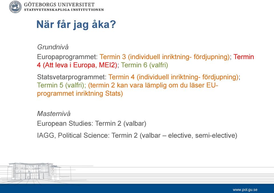 MEI2); Termin 6 (valfri) Statsvetarprogrammet: Termin 4 (individuell inriktning- fördjupning); Termin 5