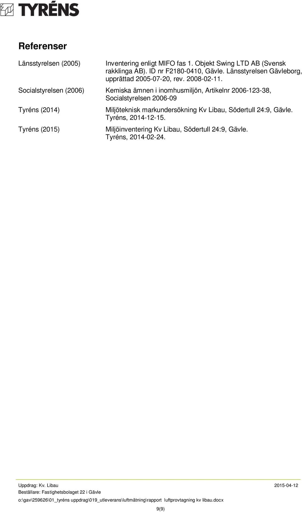 Socialstyrelsen (2006) Kemiska ämnen i inomhusmiljön, Artikelnr 2006-123-38, Socialstyrelsen 2006-09 Tyréns (2014) Tyréns (2015) Miljöteknisk markundersökning Kv