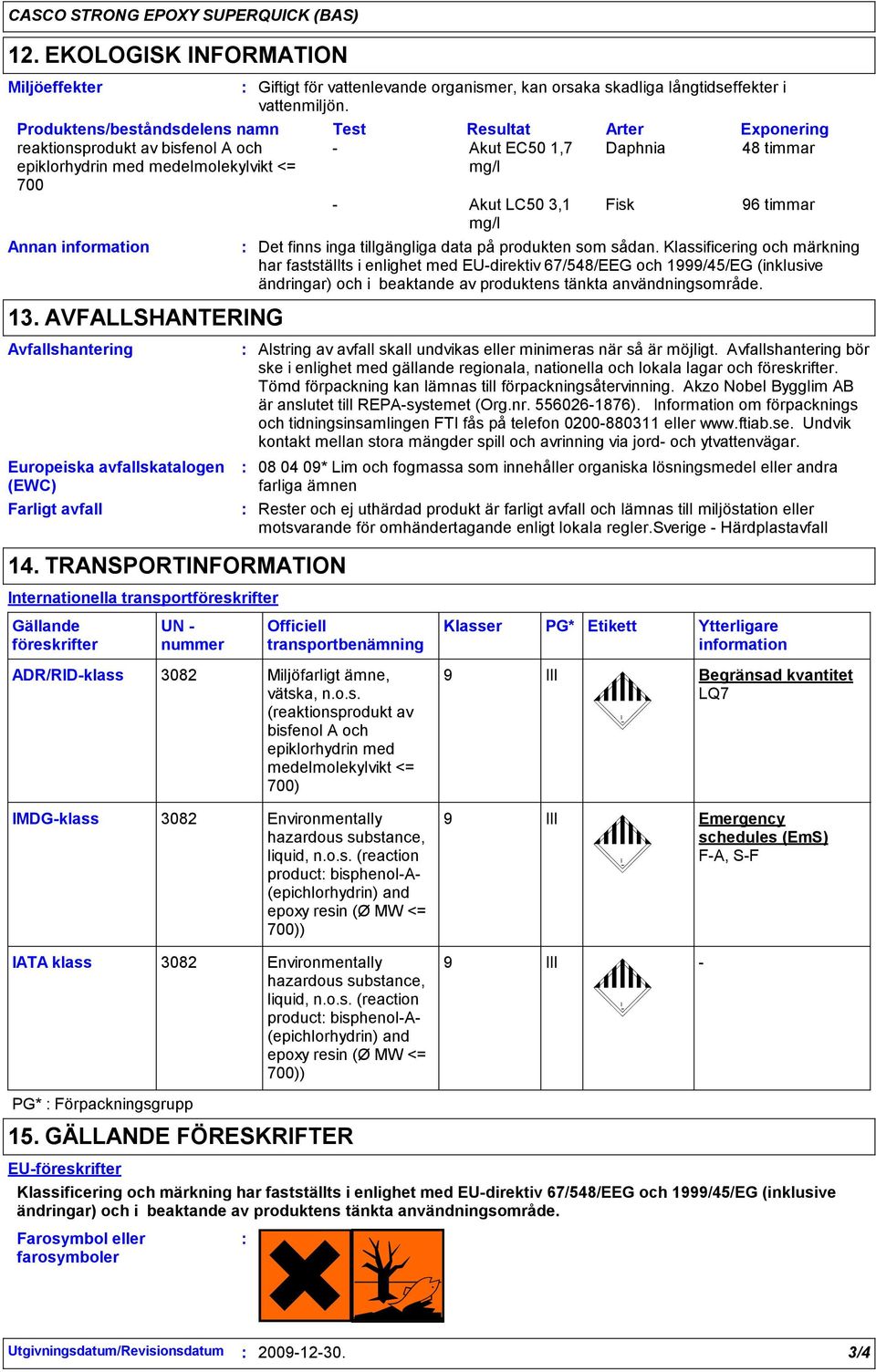 AVFALLSHANTERING Avfallshantering Europeiska avfallskatalogen (EWC) Farligt avfall 14.