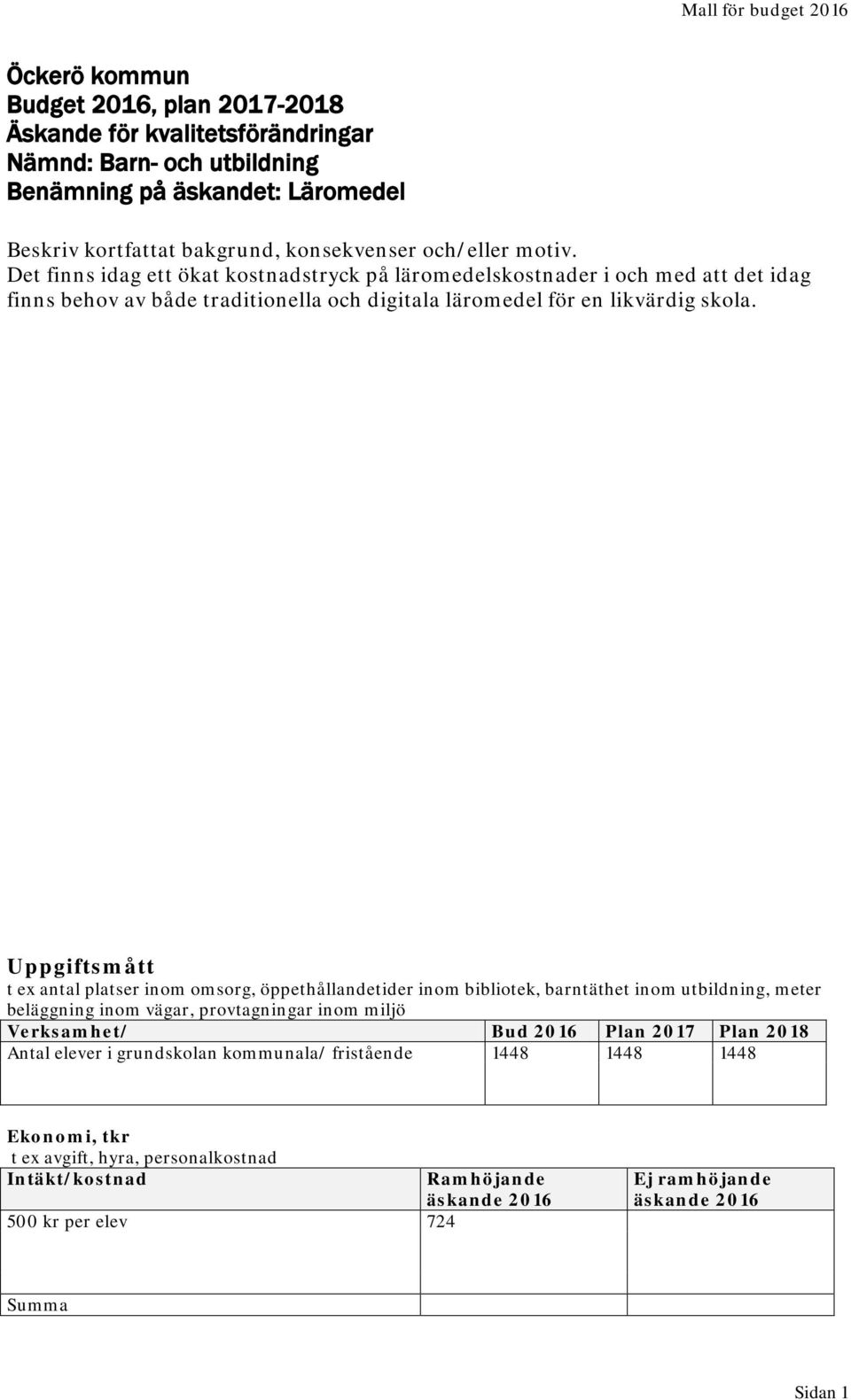 Uppgiftsmått t ex antal platser inom omsorg, öppethållandetider inom bibliotek, barntäthet inom utbildning, meter beläggning inom vägar, provtagningar inom miljö Verksamhet/ Bud 2016 Plan 2017 Plan