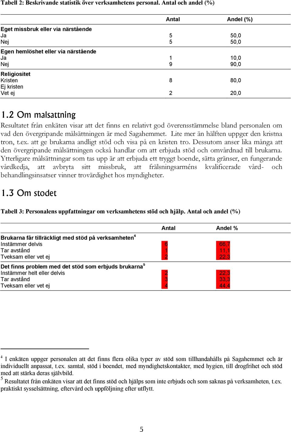 Om målsättning Resultatet från enkäten visar att det finns en relativt god överensstämmelse bland personalen om vad den övergripande målsättningen är med Sagahemmet.