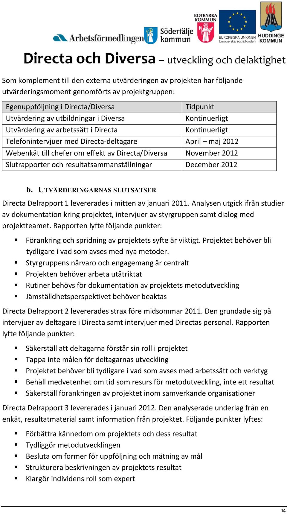 Slutrapporter och resultatsammanställningar December 2012 b. UTVÄRDERINGARNAS SLUTSATSER Directa Delrapport 1 levererades i mitten av januari 2011.