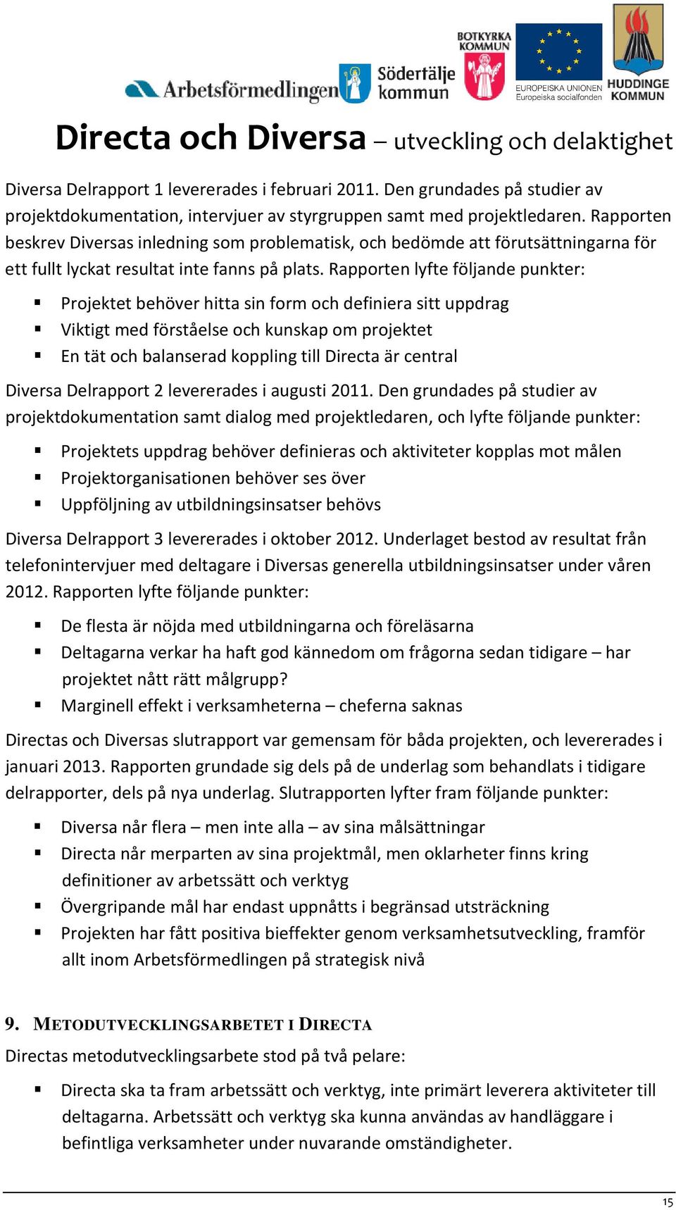 Rapporten lyfte följande punkter: Projektet behöver hitta sin form och definiera sitt uppdrag Viktigt med förståelse och kunskap om projektet En tät och balanserad koppling till Directa är central