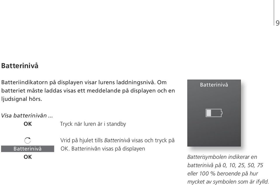 Batterinivå Visa batterinivån.