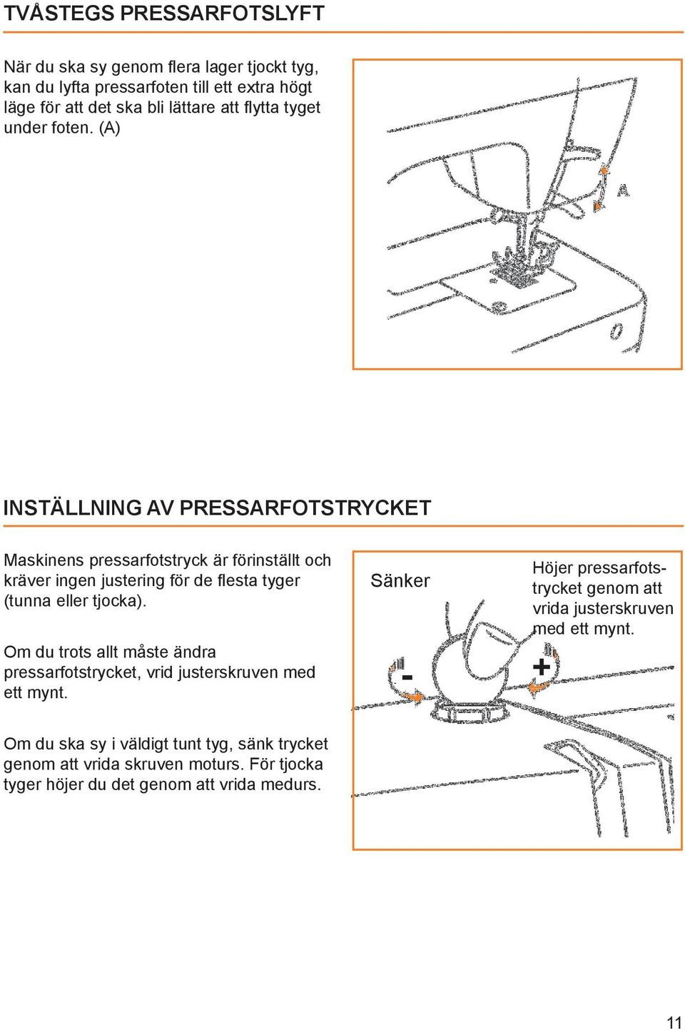 (A) INSTÄLLNING AV PRESSARFOTSTRYCKET Maskinens pressarfotstryck är förinställt och kräver ingen justering för de esta tyger (tunna eller tjocka).