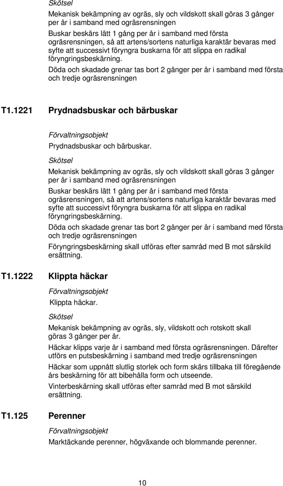 Döda och skadade grenar tas bort 2 gånger per år i samband med första och tredje ogräsrensningen T1.1221 Prydnadsbuskar och bärbuskar Prydnadsbuskar och bärbuskar.