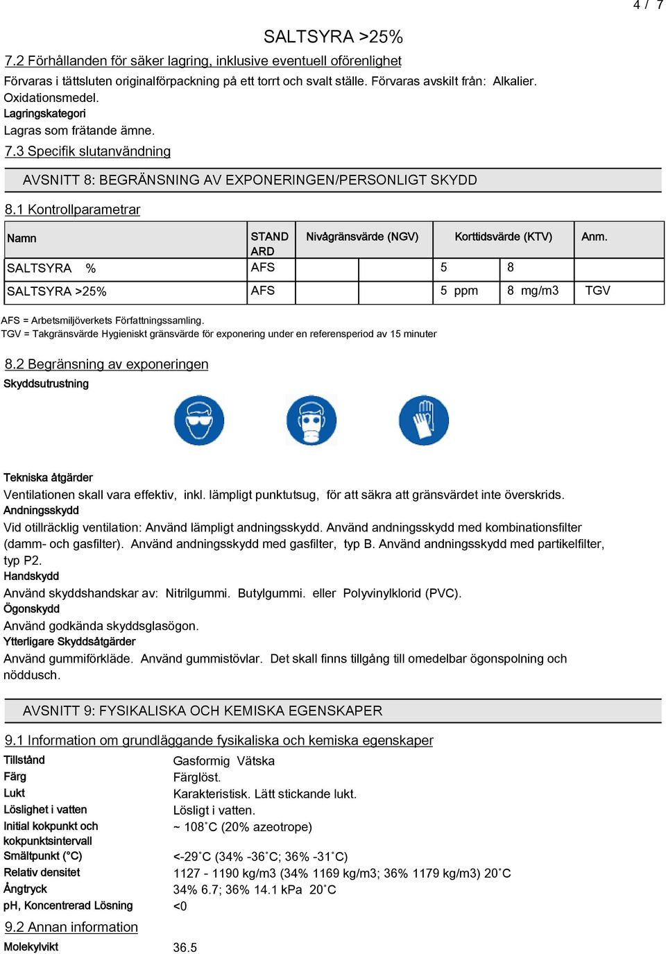 1 Kontrollparametrar Namn SALTSYRA % STAND ARD Nivågränsvärde (NGV) Korttidsvärde (KTV) AFS 5 8 AFS 5 ppm 8 mg/m3 TGV AFS = Arbetsmiljöverkets Författningssamling.