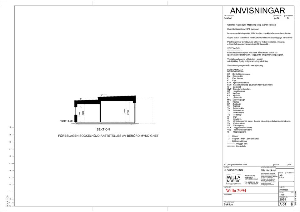 VENTILTION ******************* Frånluftsvärmepump alt mekanisk frånluft med uteluft via spaltventiler i fönsterkarm / väggventil enligt markering på plan.