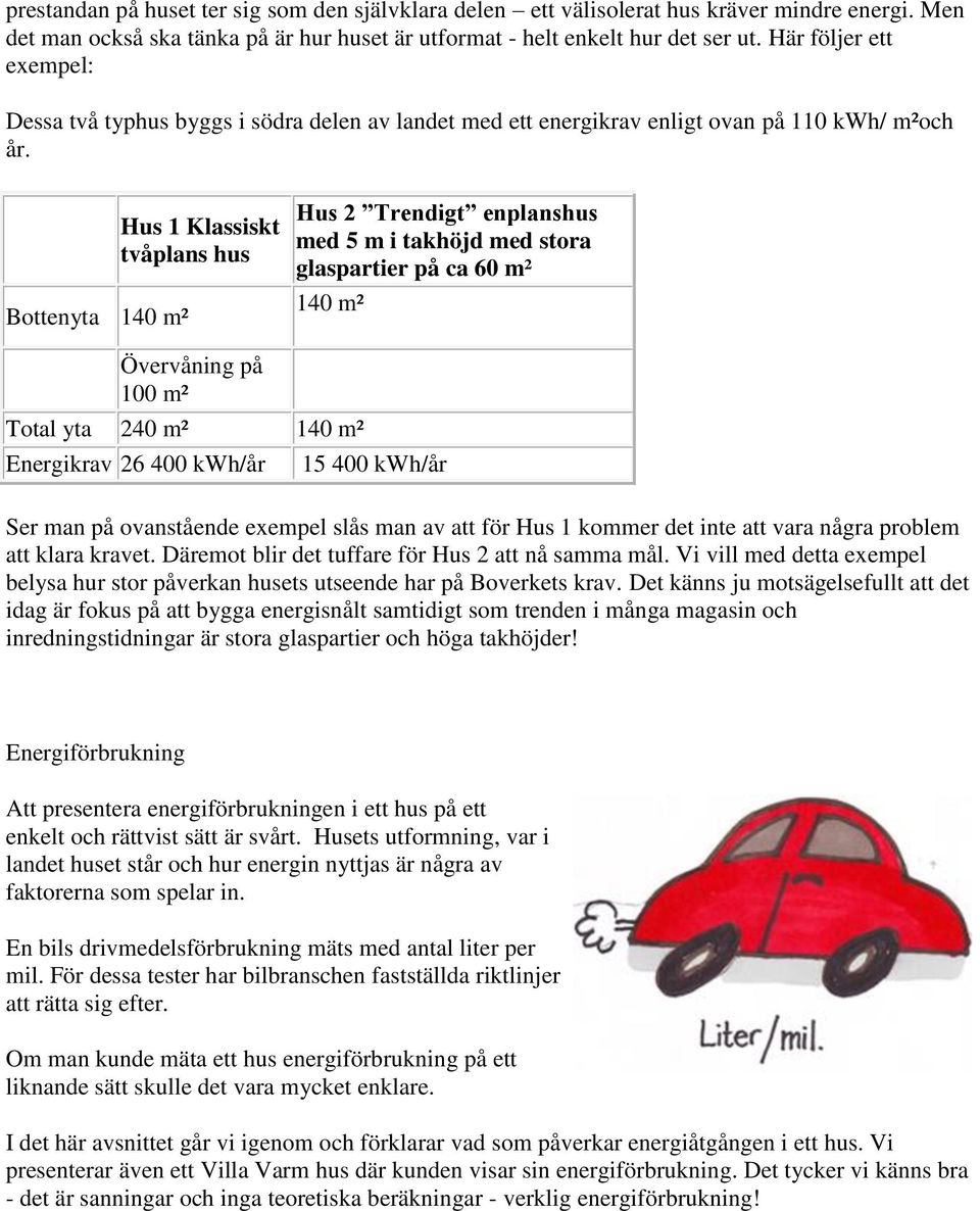 Bottenyta 140 m² Hus 1 Klassiskt tvåplans hus Hus 2 Trendigt enplanshus med 5 m i takhöjd med stora glaspartier på ca 60 m² 140 m² Övervåning på 100 m² Total yta 240 m² 140 m² Energikrav 26 400