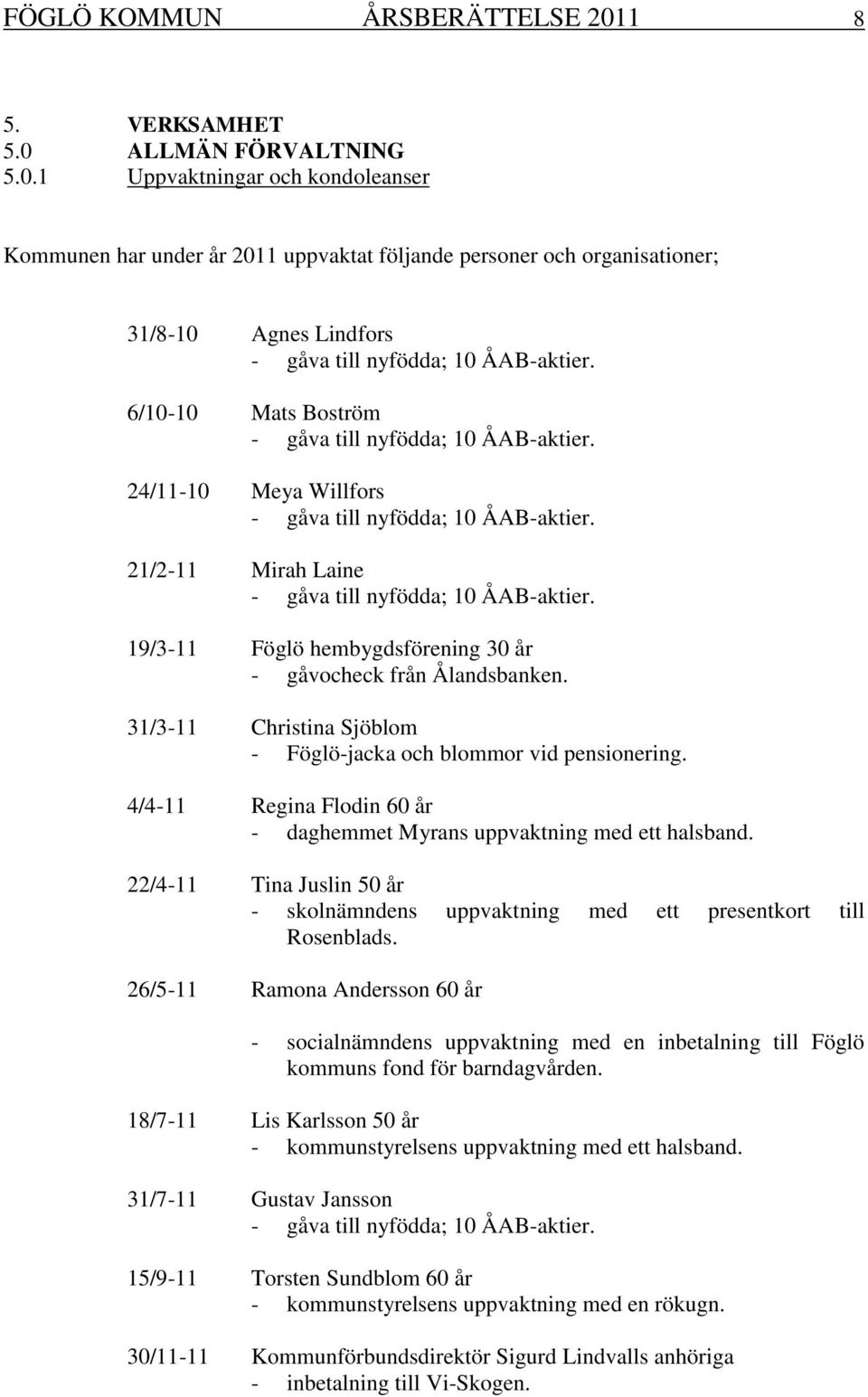 19/3-11 Föglö hembygdsförening 30 år - gåvocheck från Ålandsbanken. 31/3-11 Christina Sjöblom - Föglö-jacka och blommor vid pensionering.