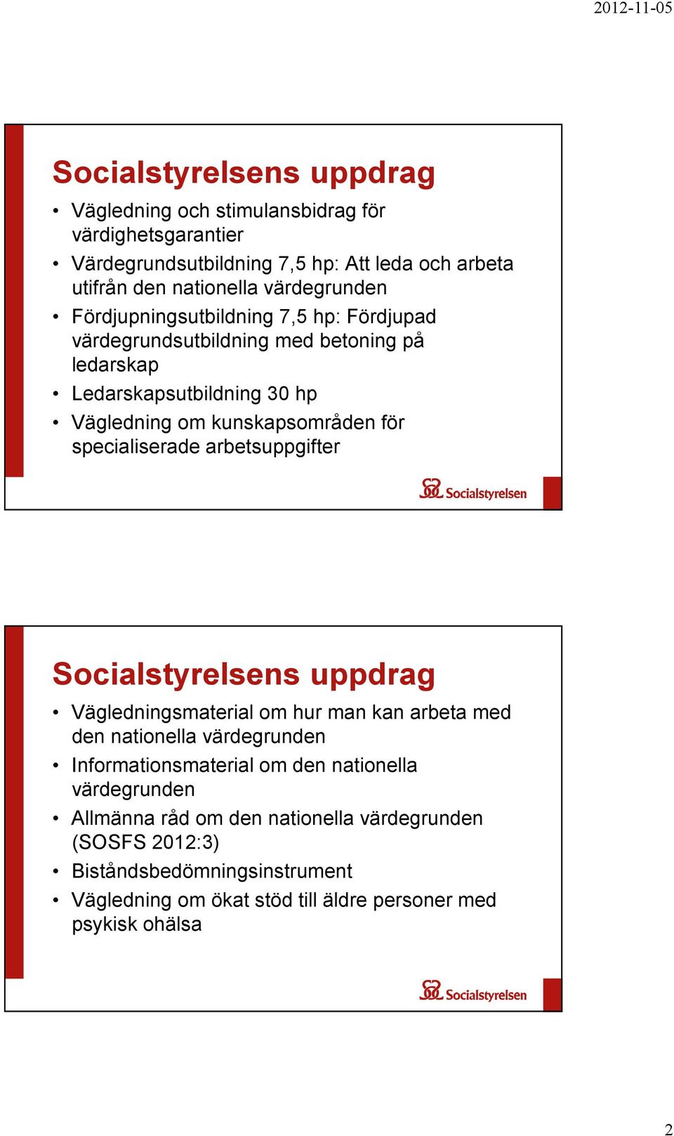 specialiserade arbetsuppgifter Socialstyrelsens uppdrag Vägledningsmaterial om hur man kan arbeta med den nationella värdegrunden Informationsmaterial om den