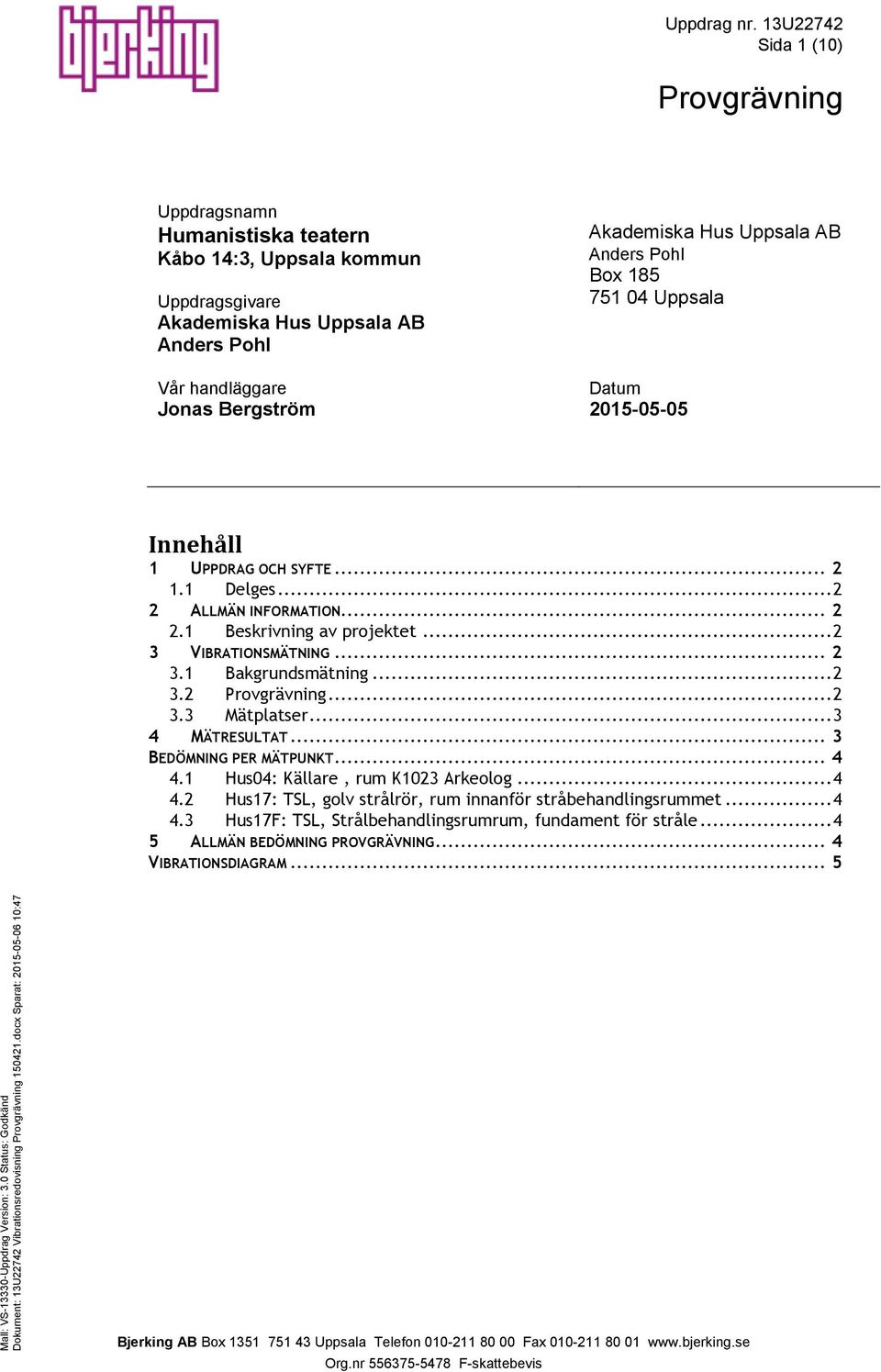 .. 2 3.2 Provgrävning... 2 3.3 Mätplatser... 3 4 MÄTRESULTAT... 3 BEDÖMNING PER MÄTPUNKT... 4 4.1 Hus4: Källare, rum K123 Arkeolog... 4 4.2 Hus17: TSL, golv strålrör, rum innanför stråbehandlingsrummet.