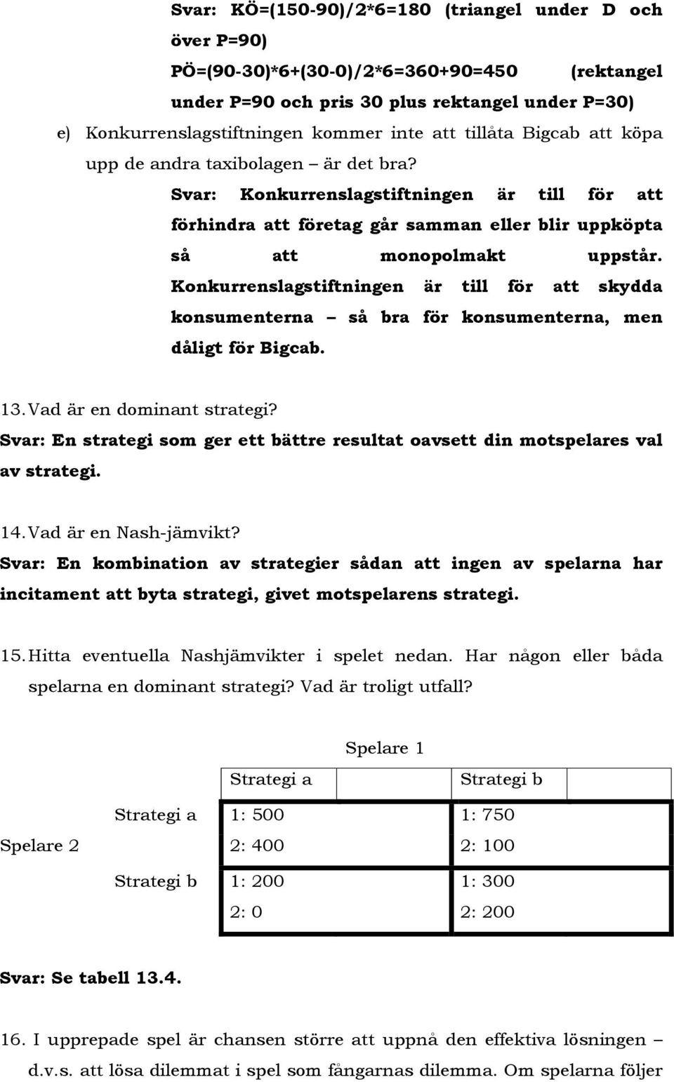 Konkurrenslagstiftningen är till för att skydda konsumenterna så bra för konsumenterna, men dåligt för Bigcab. 13. Vad är en dominant strategi?