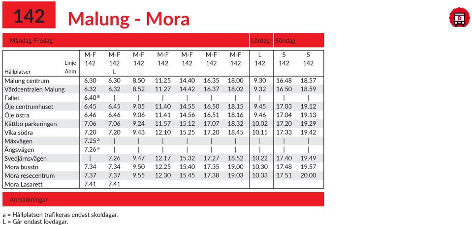 L = Går endast lovdagar. 8.50 8.52 9.05 9.06 9.24 9.43 9.47 9.50 9.55 11.25 11.27 11.40 11.41 11.57 12.10 12.17 12.25 12.30 14.40 14.42 14.55 14.56 15.12 15.25 15.32 15.40 15.45 16.35 16.37 16.50 16.