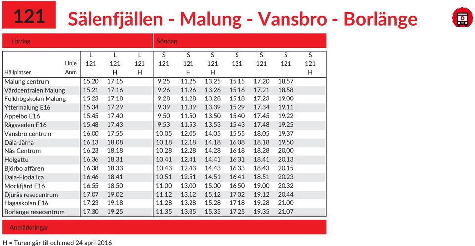 13 16.23 16.36 16.38 16.46 16.55 17.07 17.23 17.30 H = Turen går till och med 24 april 2016 17.15 17.16 17.18 17.29 17.40 17.43 17.55 18.08 18.18 18.31 18.33 18.41 18.50 19.02 19.18 19.25 9.25 9.26 9.