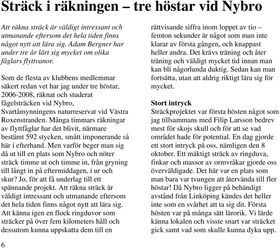 Som de flesta av klubbens medlemmar säkert redan vet har jag under tre höstar, 2006-2008, räknat och studerat fågelsträcken vid Nybro, Svartåmynningens naturreservat vid Västra Roxenstranden.