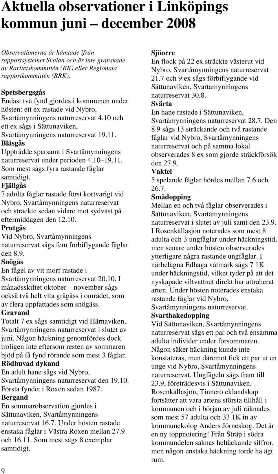 11. Bläsgås Uppträdde sparsamt i Svartåmynningens naturreservat under perioden 4.10 19.11. Som mest sågs fyra rastande fåglar samtidigt.
