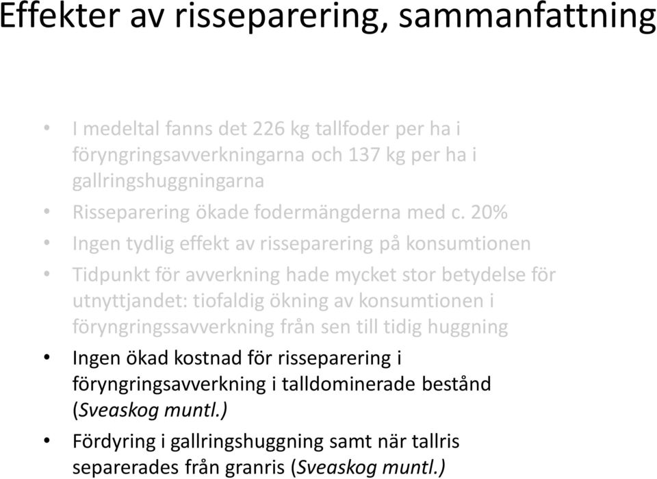 20% Ingen tydlig effekt av risseparering på konsumtionen Tidpunkt för avverkning hade mycket stor betydelse för utnyttjandet: tiofaldig ökning av