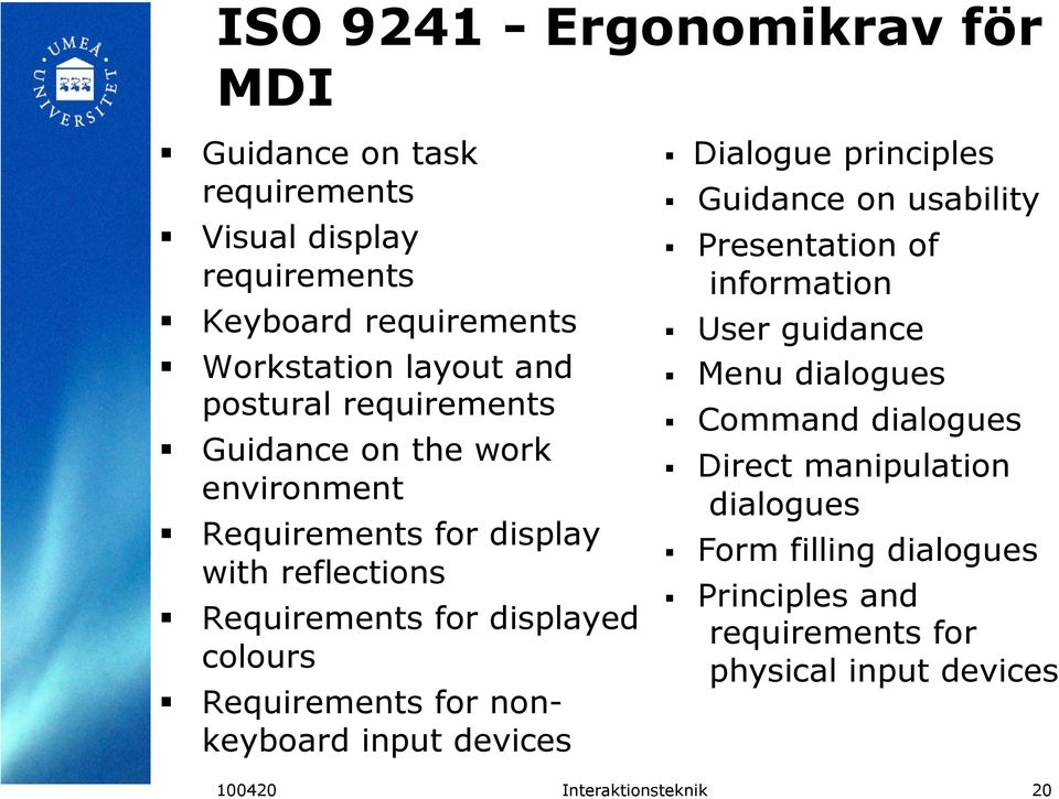 Requirements for nonkeyboard input devices Dialogue principles Guidance on usability Presentation of information User guidance Menu
