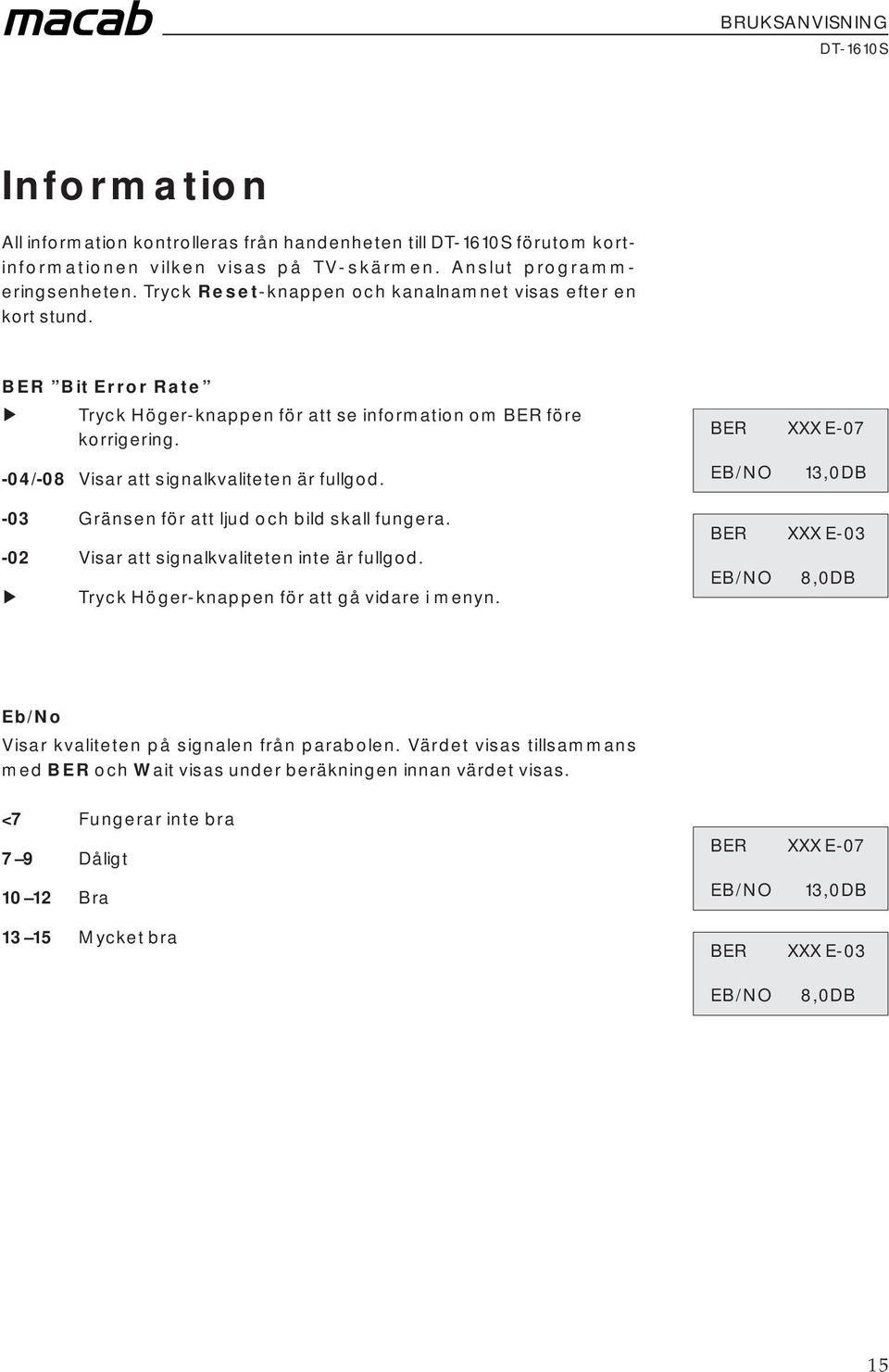 -03 Gränsen för att ljud och bild skall fungera. -02 Visar att signalkvaliteten inte är fullgod. Tryck Höger-knappen för att gå vidare i menyn.