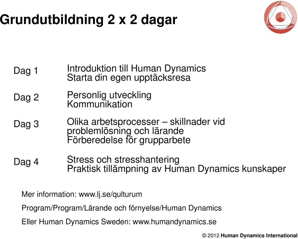 för grupparbete Stress och stresshantering Praktisk tillämpning av Human Dynamics kunskaper Mer information: www.