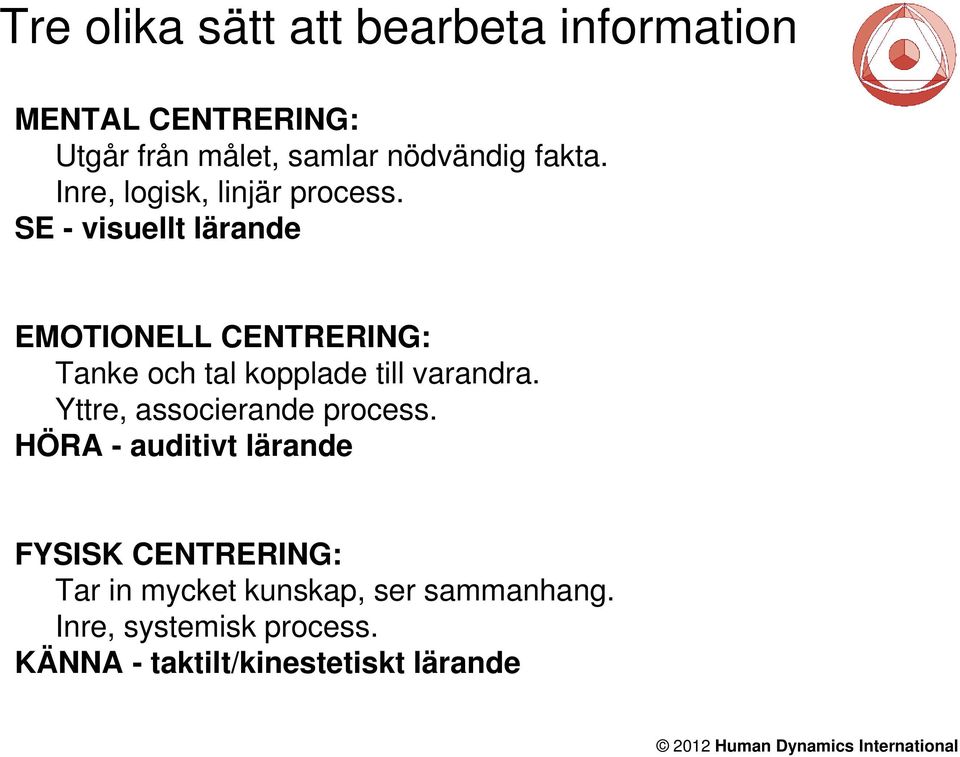 SE - visuellt lärande EMOTIONELL CENTRERING: Tanke och tal kopplade till varandra.