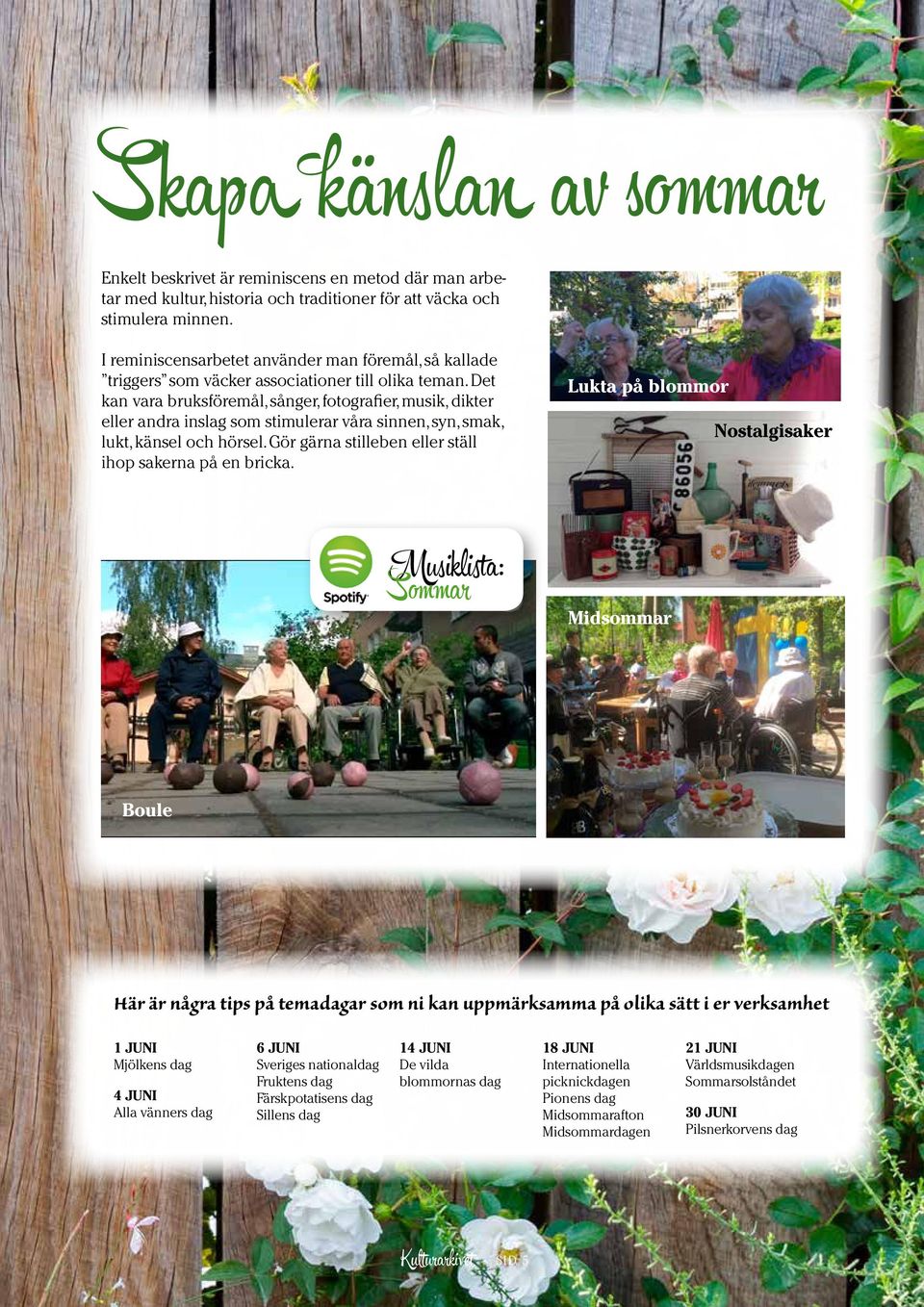 Det kan vara bruksföremål, sånger, fotografier, musik, dikter eller andra inslag som stimulerar våra sinnen, syn, smak, lukt, känsel och hörsel.