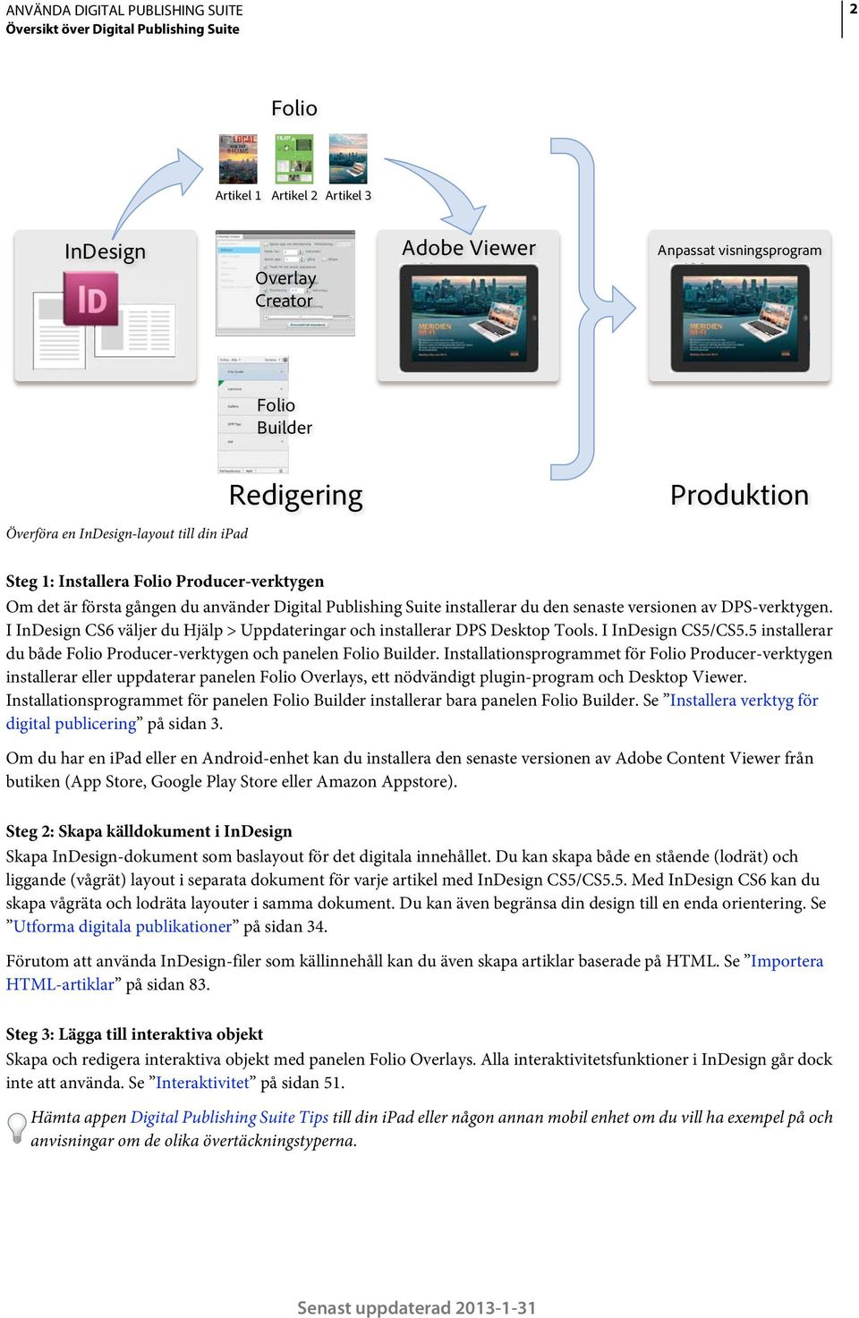 I InDesign CS6 väljer du Hjälp > Uppdateringar och installerar DPS Desktop Tools. I InDesign CS5/CS5.5 installerar du både Folio Producer-verktygen och panelen Folio Builder.