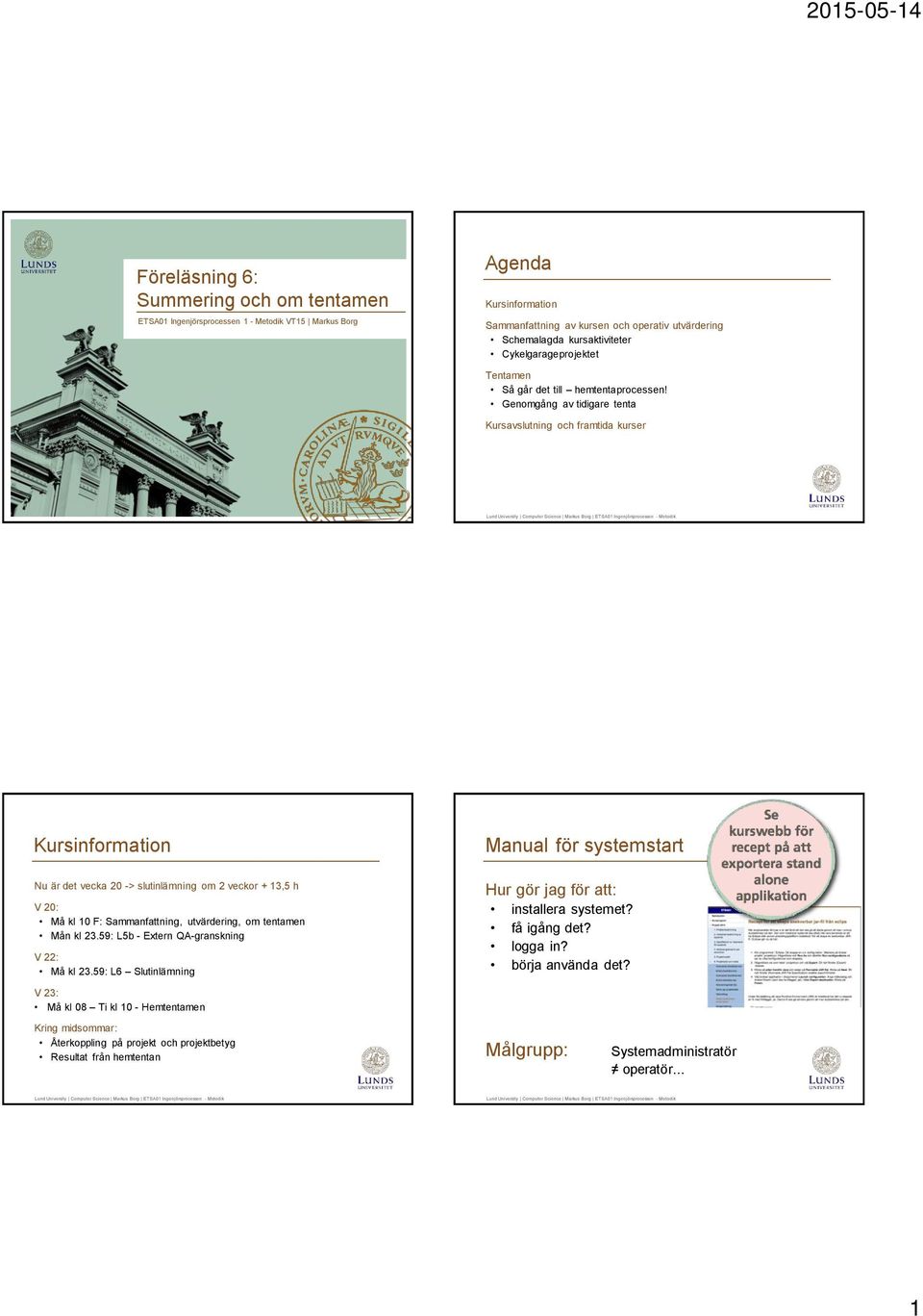Genomgång av tidigare tenta Kursavslutning och framtida kurser 1 Kursinformation Manual för systemstart Nu är det vecka 20 -> slutinlämning om 2 veckor + 13,5 h V 20: Må kl 10 F: Sammanfattning,