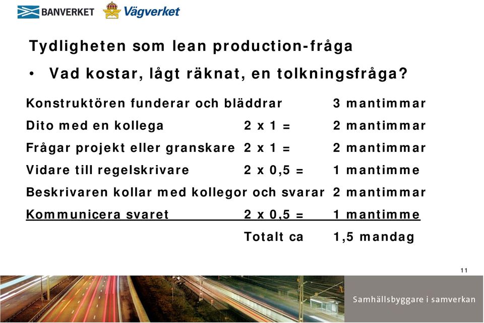 projekt eller granskare 2 x 1 = 2 mantimmar Vidare till regelskrivare 2 x 0,5 = 1 mantimme