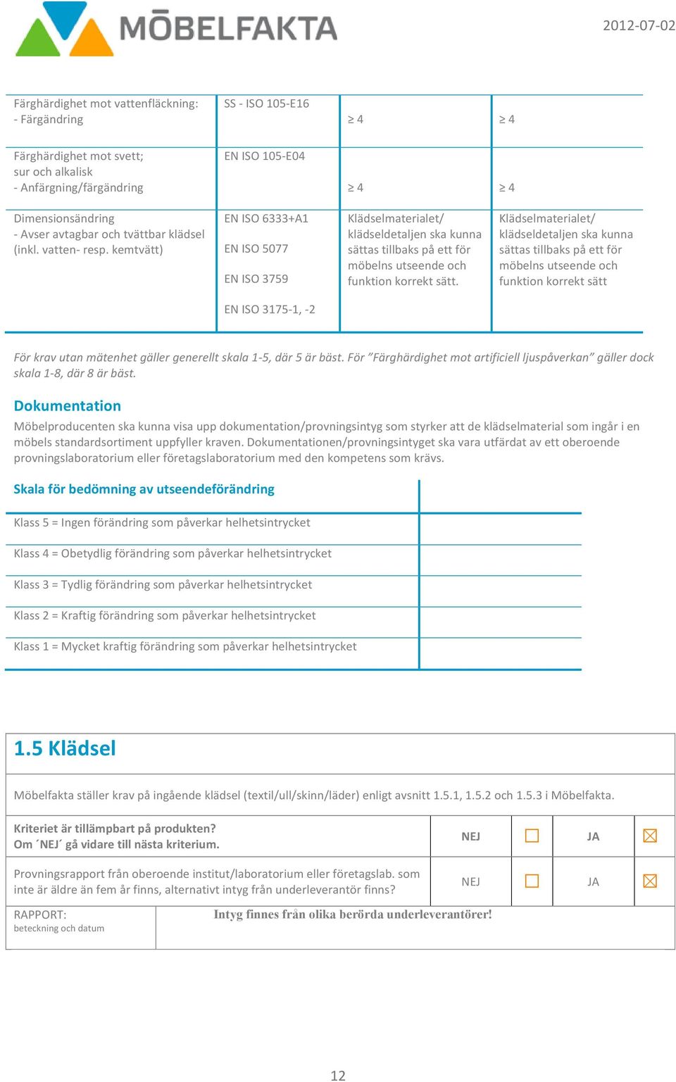 kemtvätt) EN ISO 6333+A1 EN ISO 5077 EN ISO 3759 Klädselmaterialet/ klädseldetaljen ska kunna sättas tillbaks på ett för möbelns utseende och funktion korrekt sätt.
