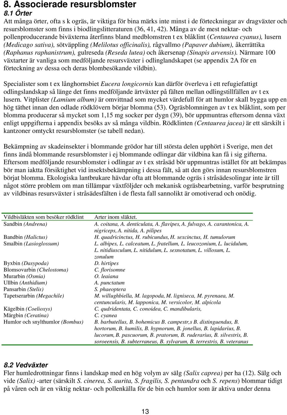 Många av de mest nektar- och pollenproducerande biväxterna återfinns bland medblomstren t ex blåklint (Centaurea cyanus), lusern (Medicago sativa), sötväppling (Melilotus officinalis), rågvallmo