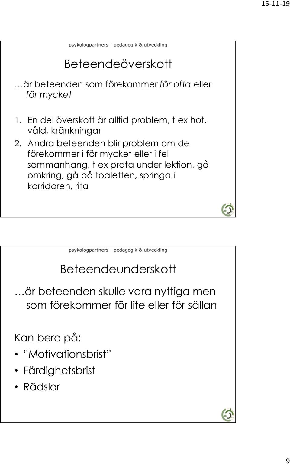 Andra beteenden blir problem om de förekommer i för mycket eller i fel sammanhang, t ex prata under lektion, gå