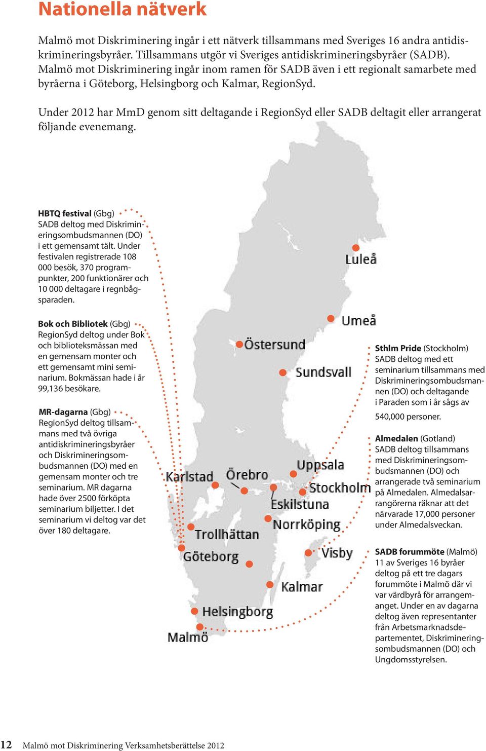 Under 2012 har MmD genom sitt deltagande i RegionSyd eller SADB deltagit eller arrangerat följande evenemang. HBTQ festival (Gbg) SADB deltog med Diskrimineringsombudsmannen (DO) i ett gemensamt tält.
