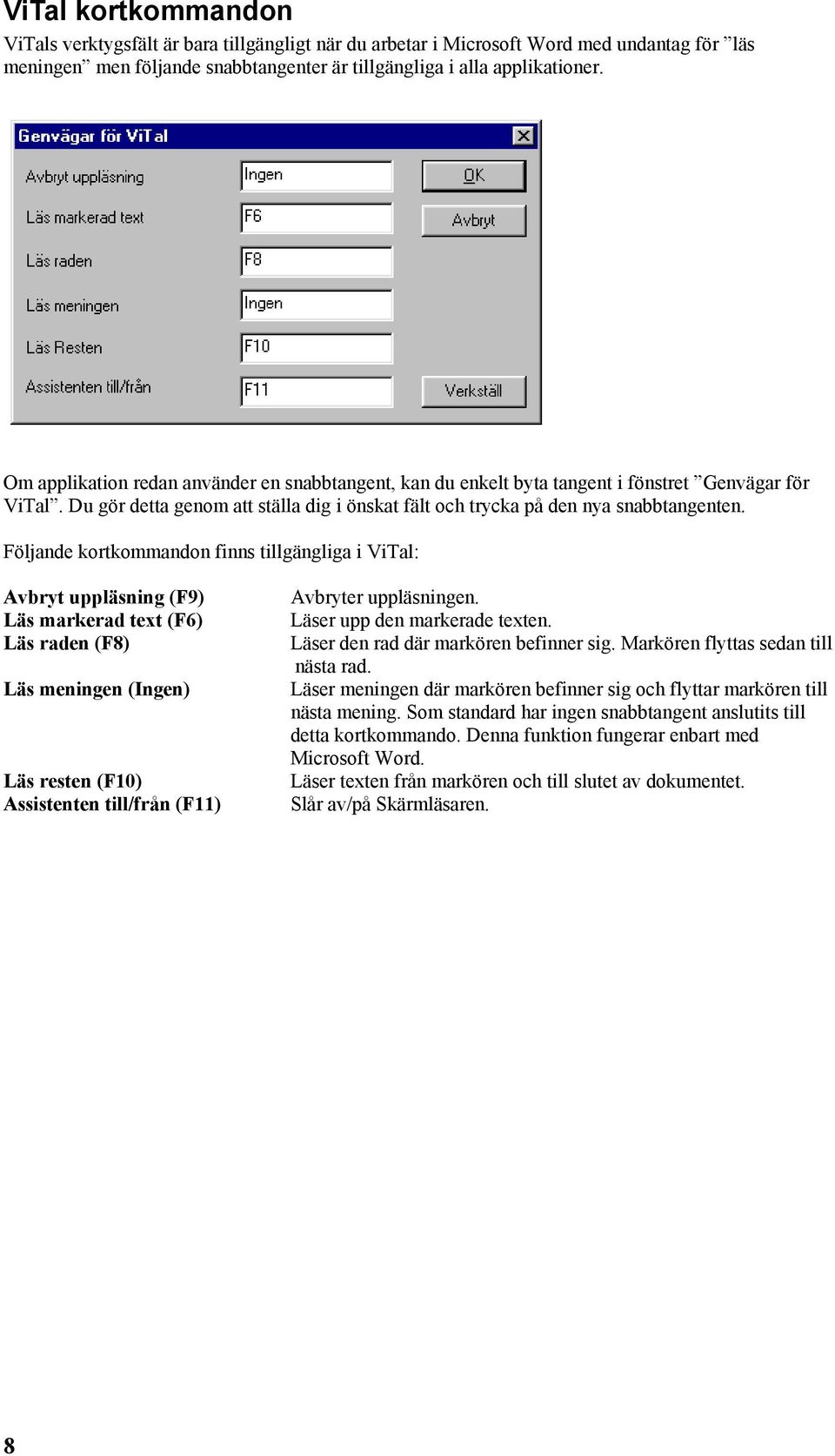 Följande kortkommandon finns tillgängliga i ViTal: Avbryt uppläsning (F9) Läs markerad text (F6) Läs raden (F8) Läs meningen (Ingen) Läs resten (F10) Assistenten till/från (F11) Avbryter uppläsningen.