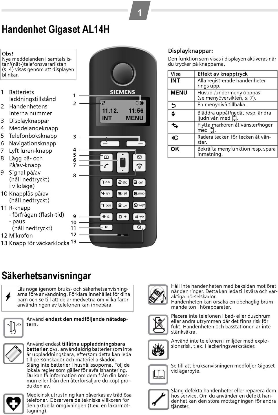 Signal på/av (håll nedtryckt) 8 i viloläge) 10 Knapplås på/av (håll nedtryckt) 11 R-knapp - förfrågan (flash-tid) 9 - paus 10 (håll nedtryckt) 12 